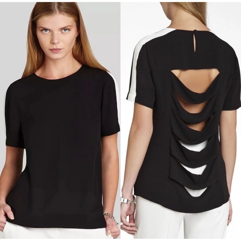 BCBGMAXAZRIA Elloyn Black Cutout Back Top Size L Colorblock Blouse